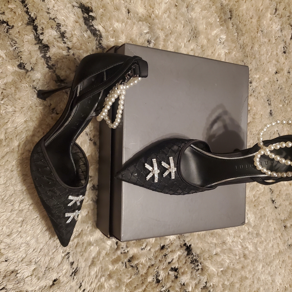 Gianni Bini Black Heels with Silver and Rhinestone Details
